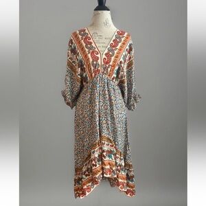 Umgee Bohemian High Low Dress Cream Mix Floral Midi Boho Tie Back NWT Small S